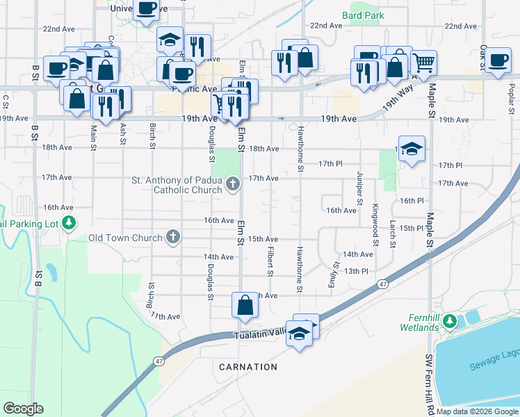 map of restaurants, bars, coffee shops, grocery stores, and more near 1620 Filbert Street in Forest Grove