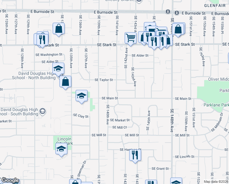 map of restaurants, bars, coffee shops, grocery stores, and more near 1225 Southeast 141st Avenue in Portland