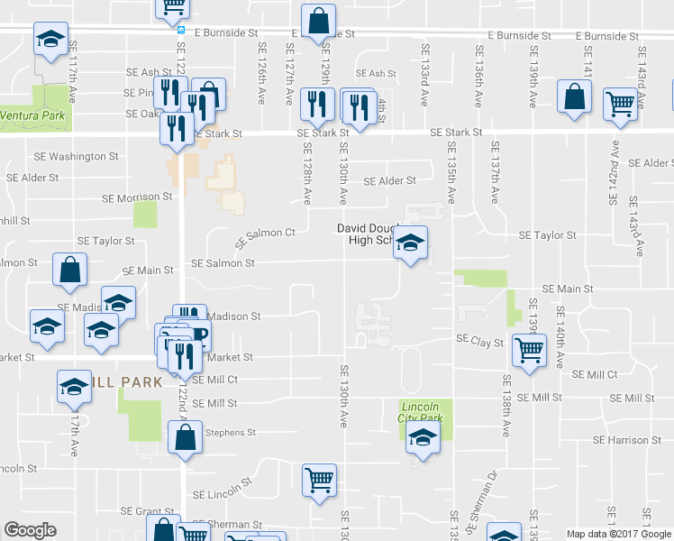 map of restaurants, bars, coffee shops, grocery stores, and more near 1221 Southeast 130th Avenue in Portland