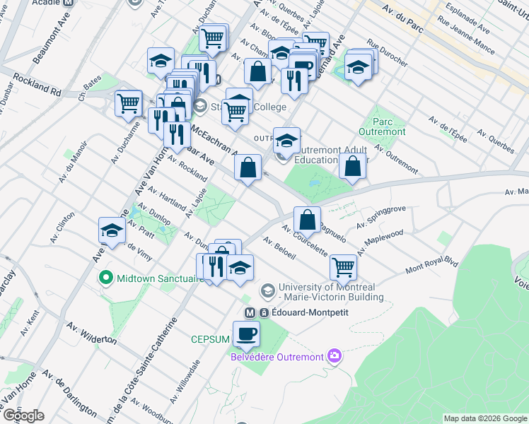 map of restaurants, bars, coffee shops, grocery stores, and more near 533 Avenue Rockland in Montréal