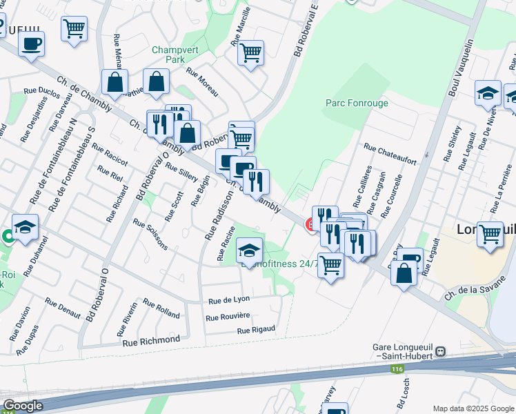 map of restaurants, bars, coffee shops, grocery stores, and more near 3410 Chemin de Chambly in Longueuil