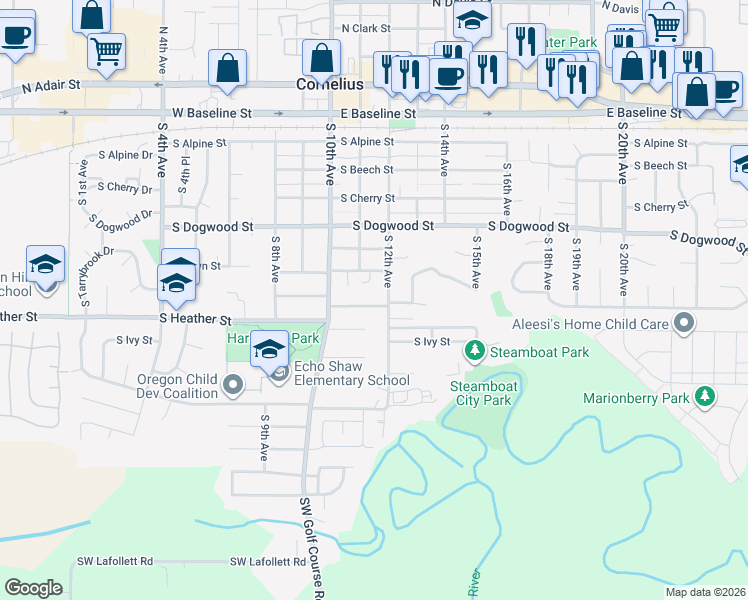 map of restaurants, bars, coffee shops, grocery stores, and more near 674 South 12th Avenue in Cornelius