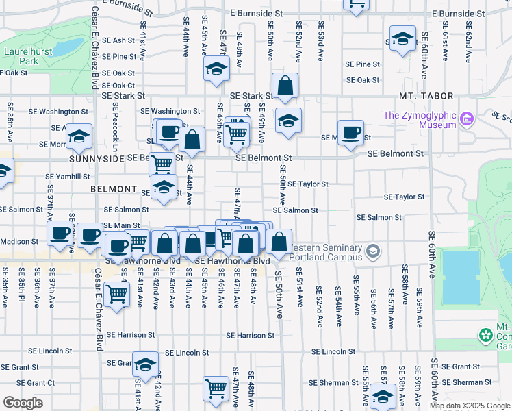 map of restaurants, bars, coffee shops, grocery stores, and more near 4822 Southeast Salmon Street in Portland