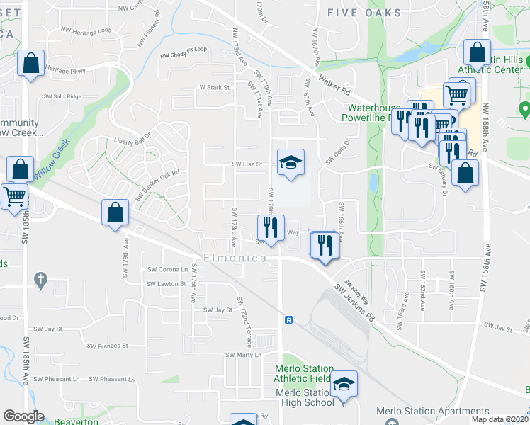 map of restaurants, bars, coffee shops, grocery stores, and more near 732 Southwest 171st Avenue in Beaverton