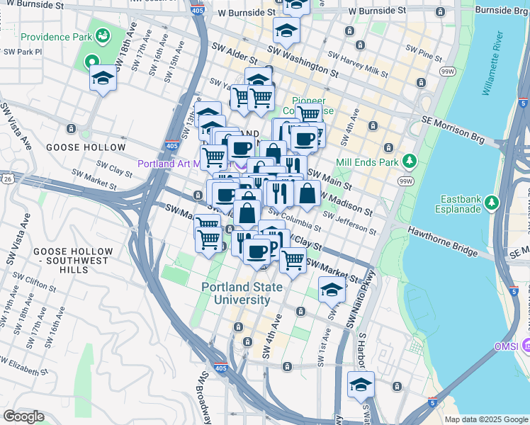 map of restaurants, bars, coffee shops, grocery stores, and more near 1410 Southwest Broadway in Portland