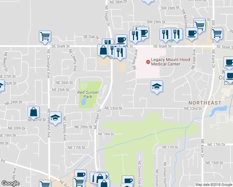 map of restaurants, bars, coffee shops, grocery stores, and more near 2468 NE View Pl in Gresham