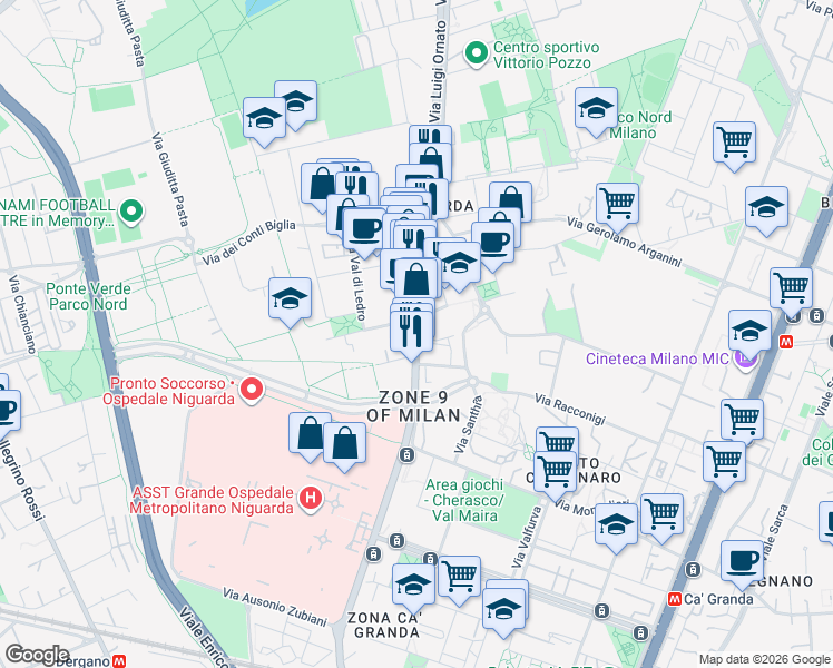 map of restaurants, bars, coffee shops, grocery stores, and more near 7121 Via Luigi Ornato in Milano