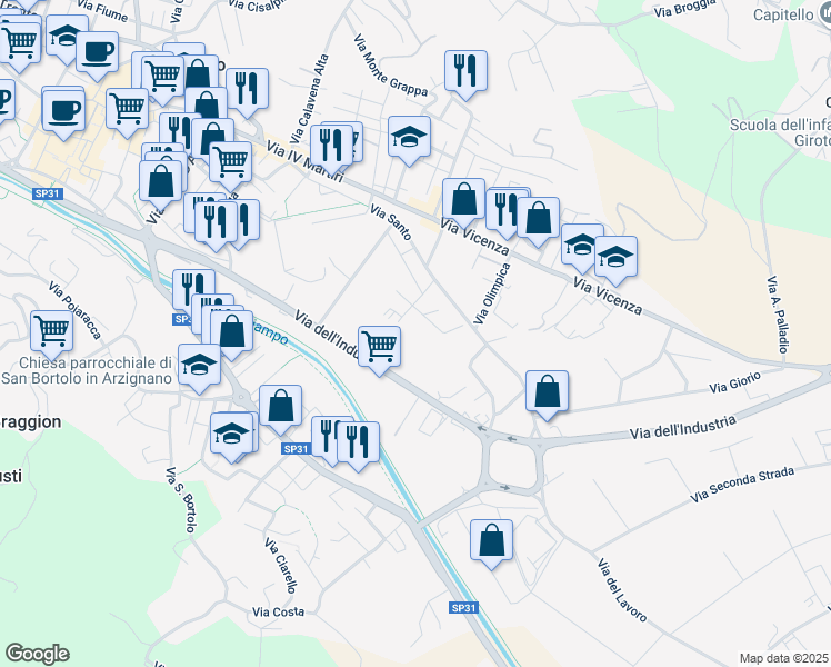 map of restaurants, bars, coffee shops, grocery stores, and more near 7b Via Vespucci in Arzignano