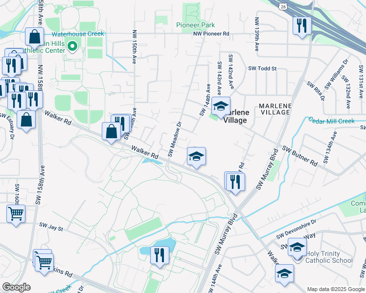 map of restaurants, bars, coffee shops, grocery stores, and more near 650 Southwest Meadow Drive in Beaverton