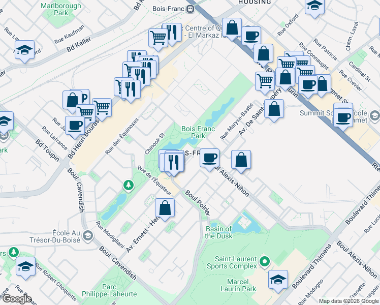 map of restaurants, bars, coffee shops, grocery stores, and more near 2415 Rue des Nations in Montréal