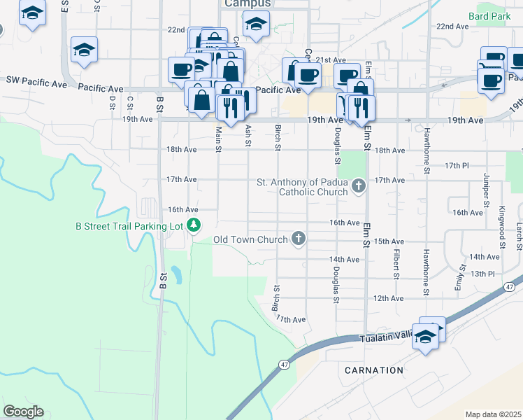 map of restaurants, bars, coffee shops, grocery stores, and more near 1610 Ash Street in Forest Grove