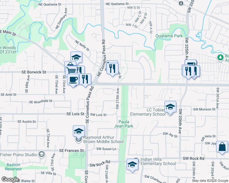 map of restaurants, bars, coffee shops, grocery stores, and more near 21540 Southwest Patience Drive in Aloha