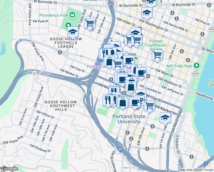 map of restaurants, bars, coffee shops, grocery stores, and more near 1115 Southwest Market Street in Portland