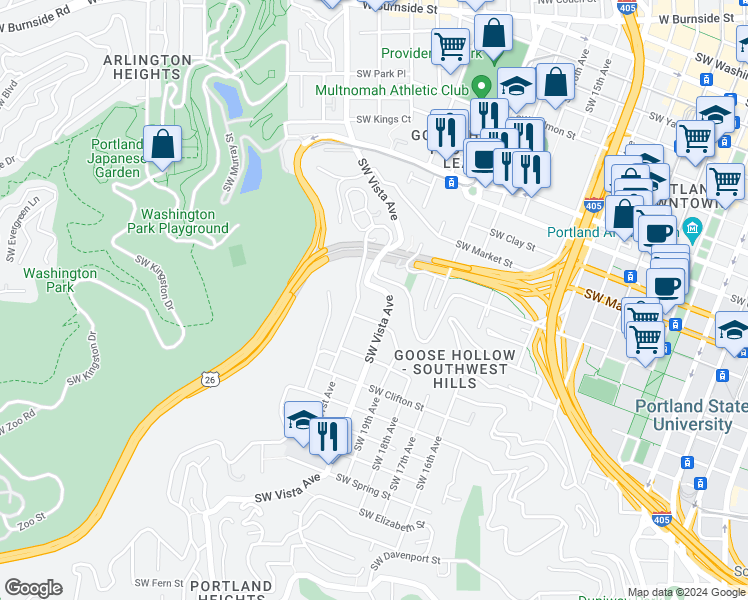 map of restaurants, bars, coffee shops, grocery stores, and more near 1825 Southwest Vista Avenue in Portland