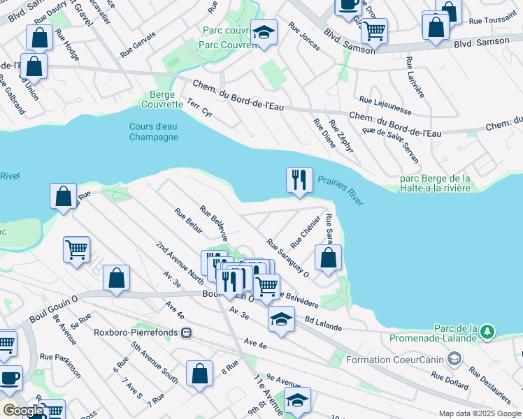 map of restaurants, bars, coffee shops, grocery stores, and more near 925 Rue Saraguay Est in Montréal