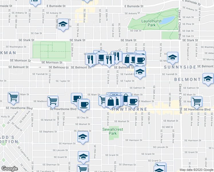 map of restaurants, bars, coffee shops, grocery stores, and more near 3023 Southeast Salmon Street in Portland