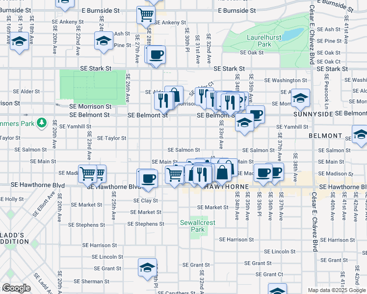 map of restaurants, bars, coffee shops, grocery stores, and more near 3023 Southeast Salmon Street in Portland