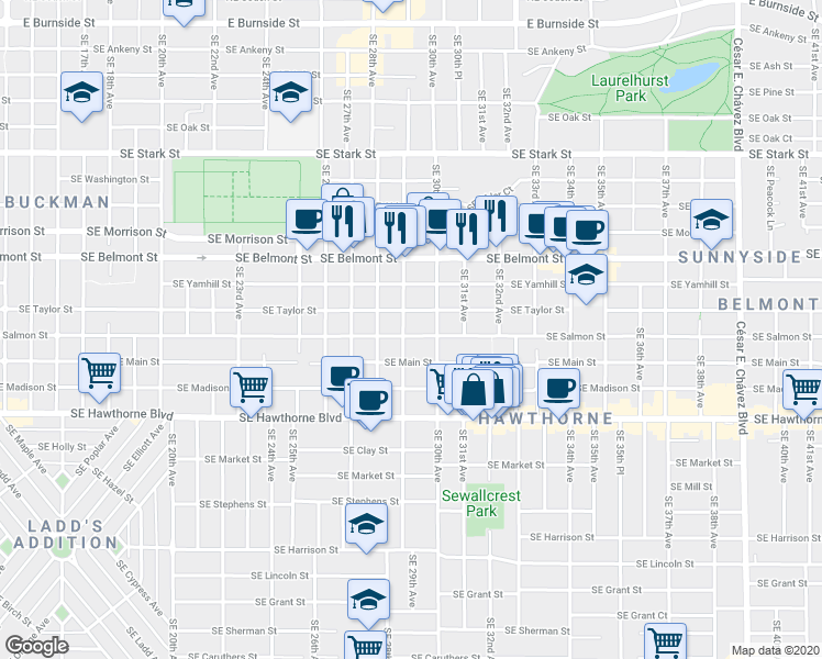 map of restaurants, bars, coffee shops, grocery stores, and more near in Portland