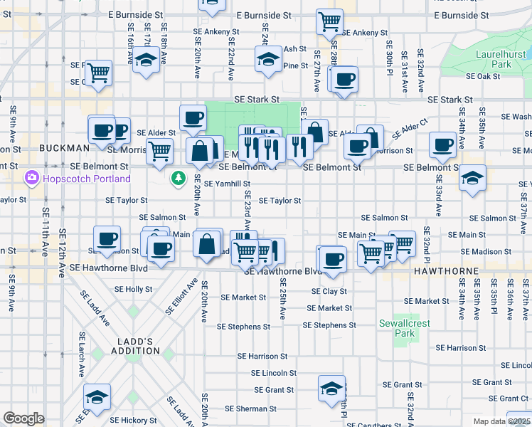 map of restaurants, bars, coffee shops, grocery stores, and more near 2345 Southeast Salmon Street in Portland
