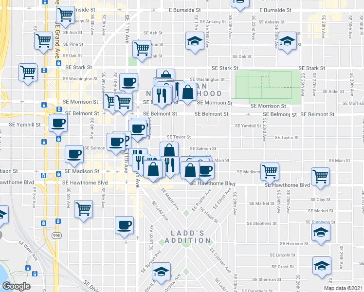 map of restaurants, bars, coffee shops, grocery stores, and more near in Portland