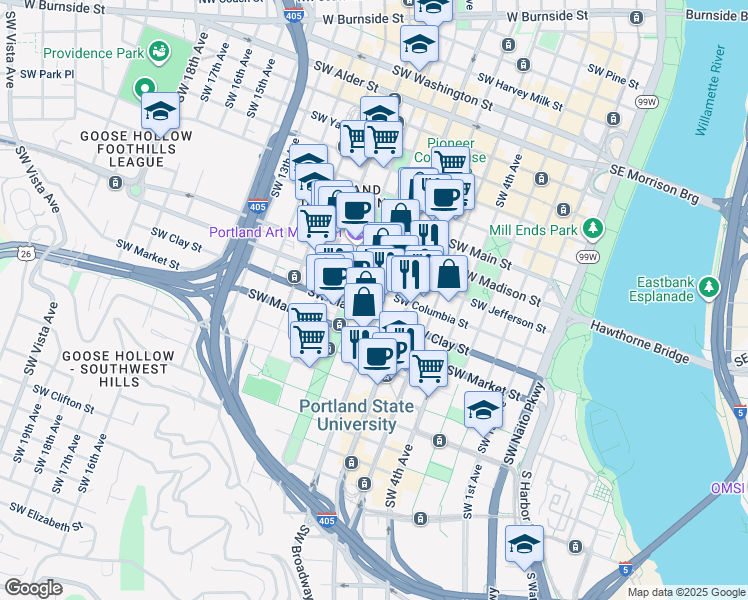 map of restaurants, bars, coffee shops, grocery stores, and more near 1406 Southwest Broadway in Portland