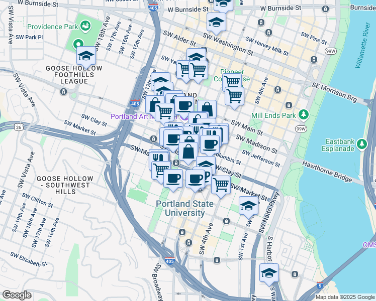 map of restaurants, bars, coffee shops, grocery stores, and more near in Portland