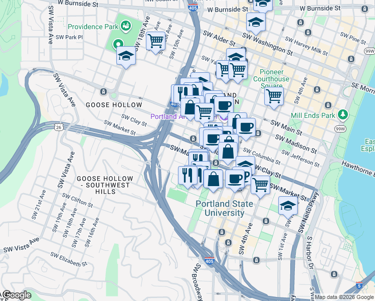 map of restaurants, bars, coffee shops, grocery stores, and more near 1525 Southwest 11th Avenue in Portland