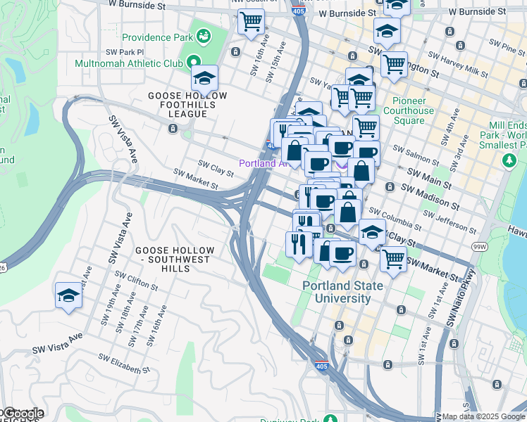 map of restaurants, bars, coffee shops, grocery stores, and more near 1609 Southwest 12th Avenue in Portland