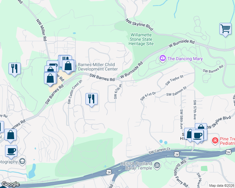 map of restaurants, bars, coffee shops, grocery stores, and more near 715 Southwest 67th Place in Portland