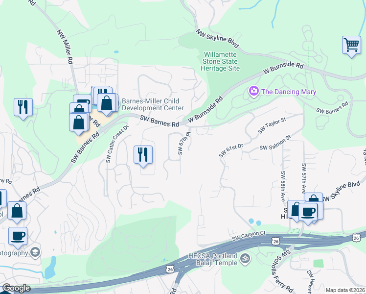 map of restaurants, bars, coffee shops, grocery stores, and more near 715 Southwest 67th Place in Portland