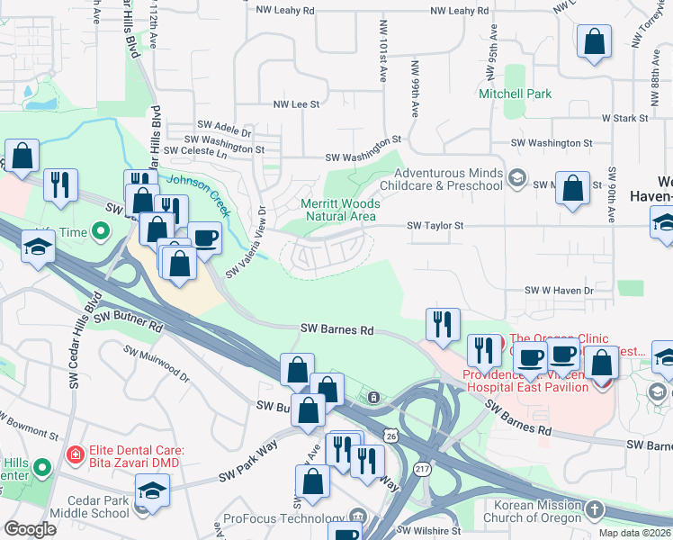 map of restaurants, bars, coffee shops, grocery stores, and more near 10254 Southwest Windwood Way in Portland