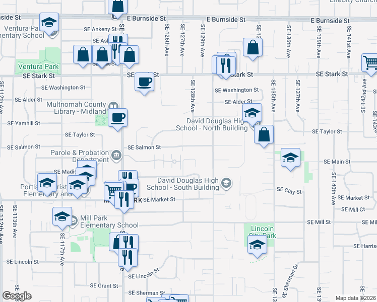 map of restaurants, bars, coffee shops, grocery stores, and more near 12724 Southeast Salmon Street in Portland