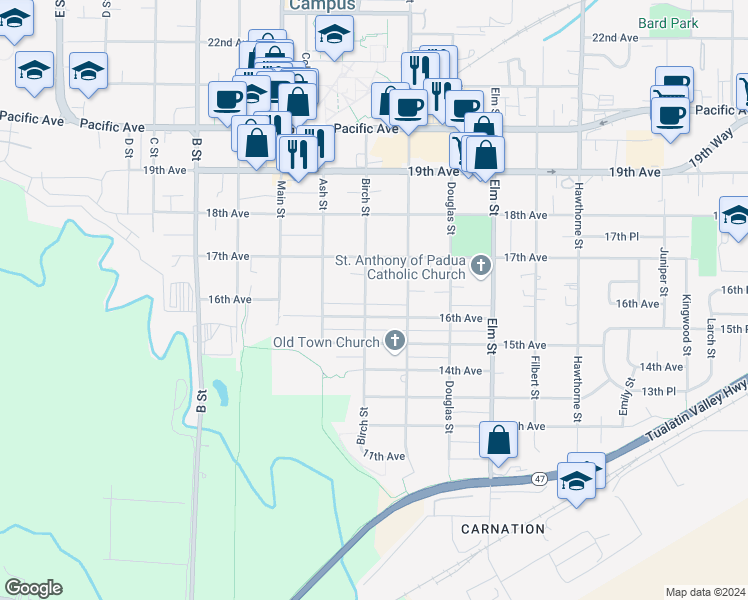 map of restaurants, bars, coffee shops, grocery stores, and more near 1617 Birch Street in Forest Grove
