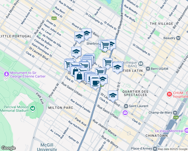 map of restaurants, bars, coffee shops, grocery stores, and more near 3478 Rue De Bullion in Montréal