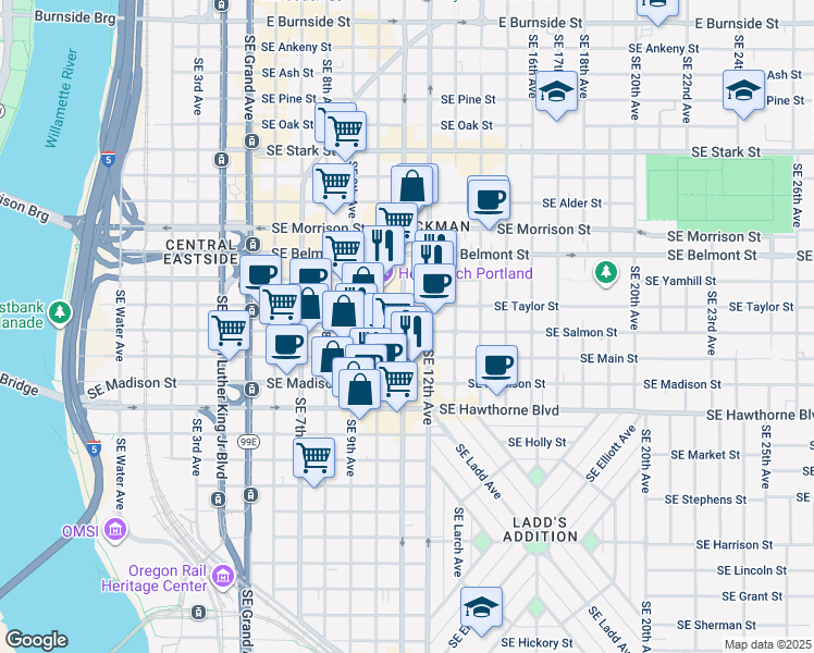 map of restaurants, bars, coffee shops, grocery stores, and more near 1023 Southeast Salmon Street in Portland