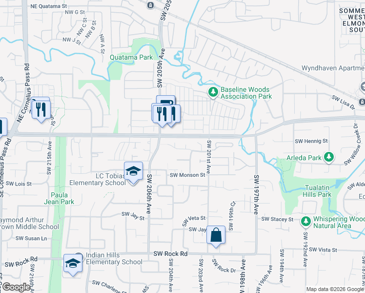 map of restaurants, bars, coffee shops, grocery stores, and more near 743 Southwest 203rd Place in Aloha