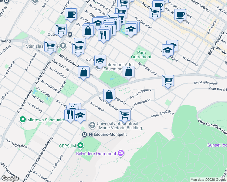 map of restaurants, bars, coffee shops, grocery stores, and more near 474 Chemin de la Côte-Sainte-Catherine in Montréal