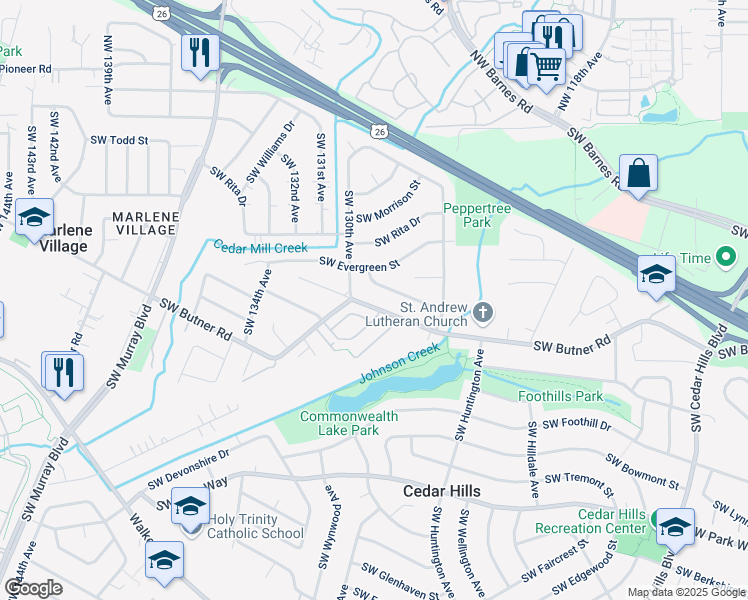 map of restaurants, bars, coffee shops, grocery stores, and more near 12935 Southwest Butner Road in Beaverton