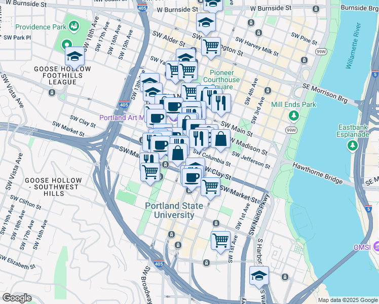 map of restaurants, bars, coffee shops, grocery stores, and more near 1406 Southwest Broadway in Portland