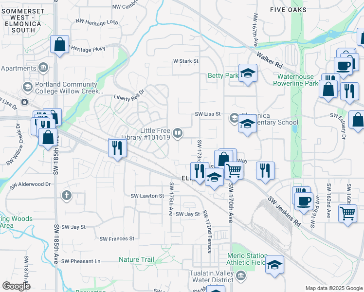 map of restaurants, bars, coffee shops, grocery stores, and more near 738 Southwest 175th Place in Beaverton