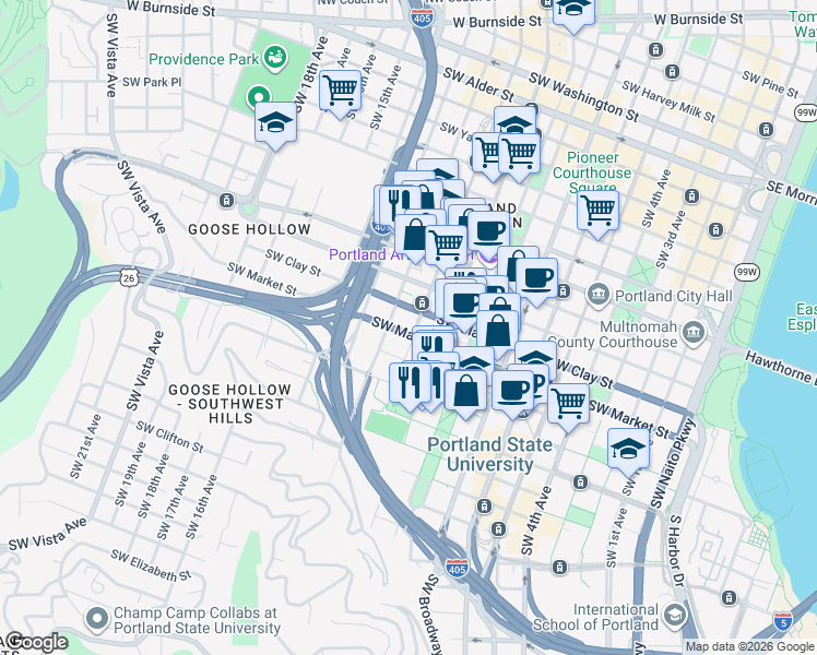 map of restaurants, bars, coffee shops, grocery stores, and more near 1115 Southwest Market Street in Portland