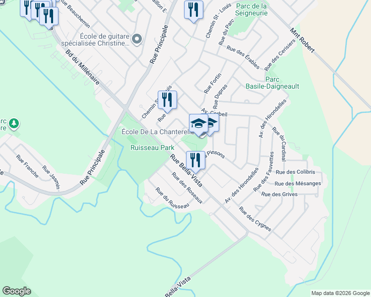 map of restaurants, bars, coffee shops, grocery stores, and more near 64 Rue Latour in Saint-Basile-le-Grand