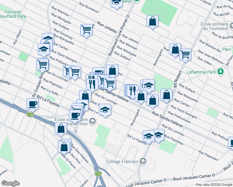 map of restaurants, bars, coffee shops, grocery stores, and more near 2013 Rue Sainte-Hélène in Longueuil