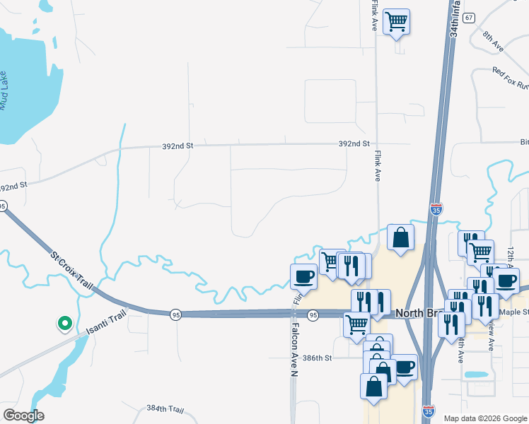 map of restaurants, bars, coffee shops, grocery stores, and more near 5305 389th Trail in North Branch