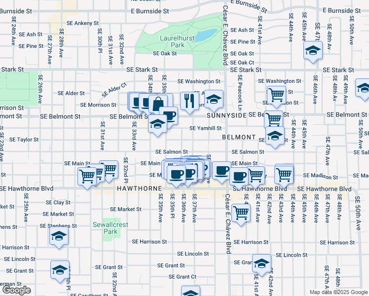 map of restaurants, bars, coffee shops, grocery stores, and more near 1130 Southeast 36th Avenue in Portland