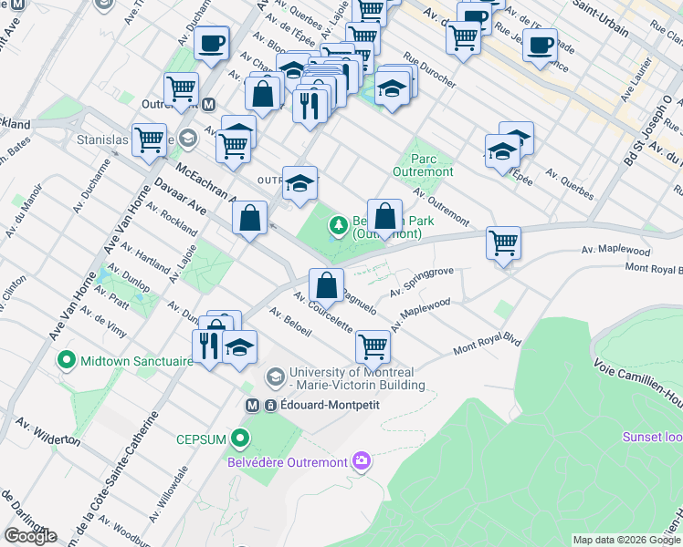 map of restaurants, bars, coffee shops, grocery stores, and more near 474 Chemin de la Côte-Sainte-Catherine in Montréal