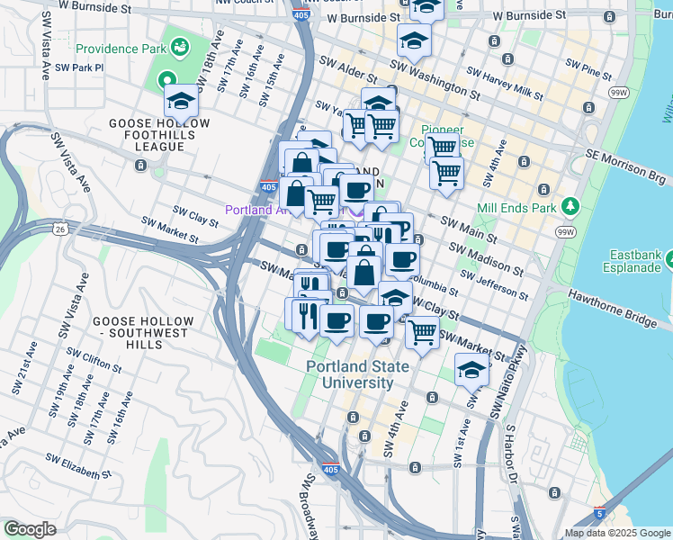 map of restaurants, bars, coffee shops, grocery stores, and more near Southwest Clay Street in Portland
