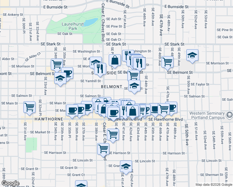 map of restaurants, bars, coffee shops, grocery stores, and more near 4011 Southeast Salmon Street in Portland