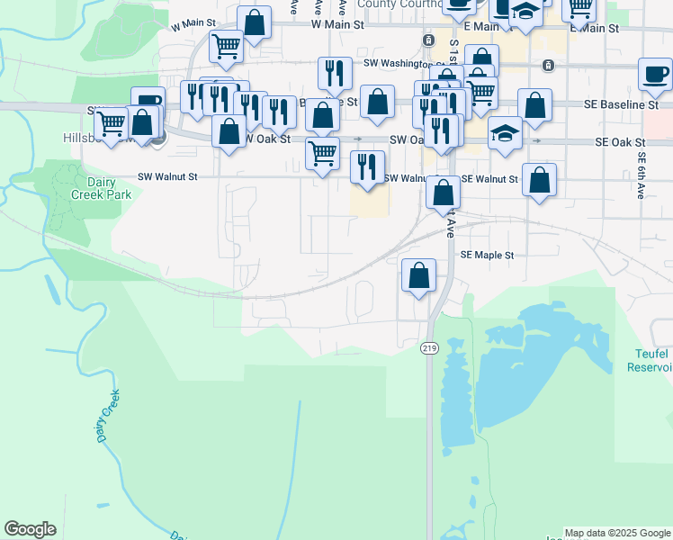 map of restaurants, bars, coffee shops, grocery stores, and more near 730 Southwest Dennis Avenue in Hillsboro