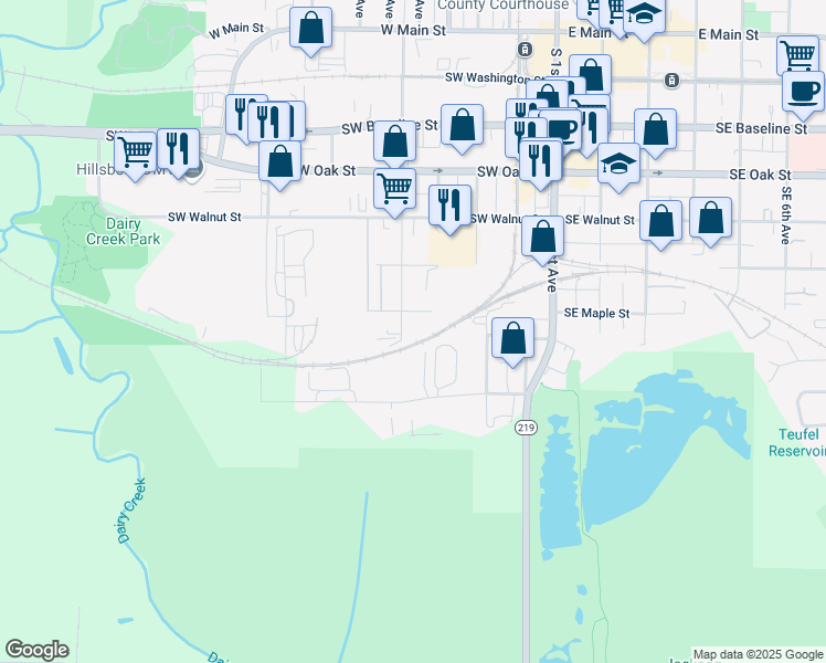 map of restaurants, bars, coffee shops, grocery stores, and more near 730 Southwest Dennis Avenue in Hillsboro